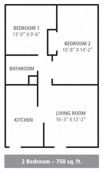 Floor plan for 2 beds, 1 bath, 750 sqft
